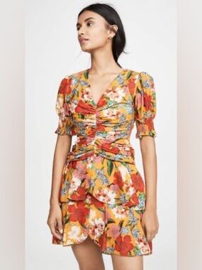 Nicholas NWT Puff Sleeve Pintuck Dress | Tangerine Multi | Size 2